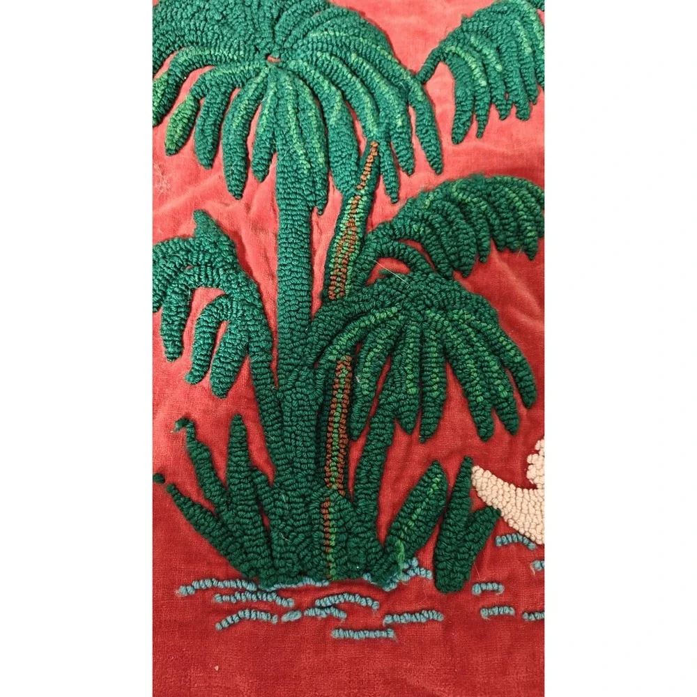 Vtg Antique 30s 40s Red Velvet Punch Needle Throw Pillow Swan